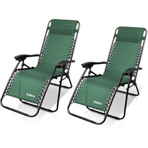 Todeco Chaise Longue Transat Jardin Plein Air, Transat de Plage Pliable, Bain de Soleil avec Repose-tête, d’accoudoirs Réglables, Lot de 2 Chaise de Camping en Respirantes Textilène, Vert - Publicité