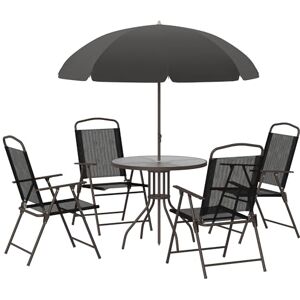 Outsunny Ensemble Salon de Jardin 6 pcs Table Ronde + 4 chaises Pliables + Parasol Acier époxy café textilène Polyester Noir - Publicité