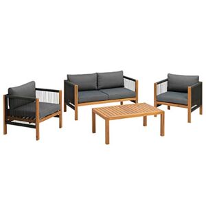 greemotion Ensemble Salon de Jardin Abaco, Canapé, Set de 2 Fauteils et Table en Bois d’Acacia FSC® 100%, Coussins en Polyester Inclus, Gris/Bois/Noir - Publicité