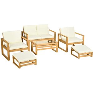 Outsunny Salon de Jardin en Bois 6 pièces pour 4 Personnes 2 fauteuils + 1 canapé + 1 Table Basse + 2 Repose-Pieds et 10 Coussins Inclus Beige - Publicité