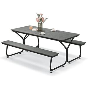 COSTWAY Ensemble Table et Bancs de Pique-Nique avec Cadre Métal, Ensemble de Jardin Imperméable pour 8 Personnes Banc Charge 500KG, pour Jardin Piscine, 183 x 150 x 76 cm (Gris) - Publicité