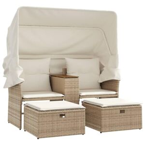 vidaXL Canapé de Jardin 2 Places avec auvent et tabourets Beige rotin - Publicité