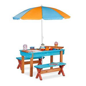 Relaxdays Ensemble Chaise Jeux Enfant Jardin, en Bois, Table, 2 bancs et Parasol, Meuble extérieur, coloré, Multicolore 10026032 - Publicité