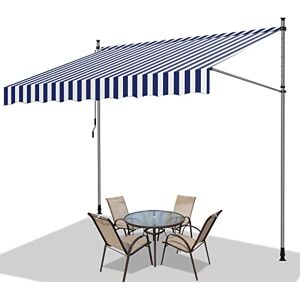 Vigevee Store Banne Manuel Rétractable, 400x120cm Store pour Balcon sans Trous à percer, avec Manivelle, Auvent Rétractable Réglable en Hauteur, protège du Soleil Hydrofuge, Bleu Blanc - Publicité