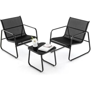 COSTWAY Salon de Jardin 3 Pcs Tissu Respirant et Cadre Métallique Charge 150KG, Ensemble de Meubles de Patio avec Table en Verre Trempé, pour Cour Arrière Bord de Piscine (Noir) - Publicité