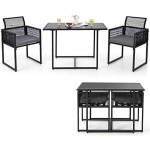 COSTWAY Ensemble de Meubles de Patio 3 Pcs en Rotin PE avec Dossier Pliant Charge 150KG, Salon de Jardin avec Coussins Plateau de Table en Verre Trempé, pour Jardin Bord de Piscine - Publicité