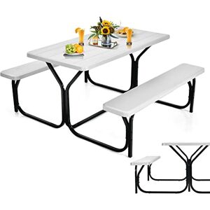 COSTWAY Ensemble Table et Bancs de Pique-Nique avec Cadre Métal, Ensemble de Jardin Imperméable Banc Charge 200KG pour 4 à 6 Personnes, pour Jardin Piscine, 137 x 150 x 72 cm (Blanc) - Publicité