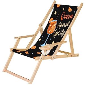 Ferocity Chaise Longue Pliable en Bois avec accoudoirs et Porte-gobelet Noir Motif Queen Spritz [119] - Publicité