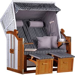 Mr. Deko ® Fauteuil-cabine de plage Baltique 2 places, tressage en polyéthylène blanc, housse gris uni, avec 4 coussins et table pliante, chaise de plage réglable, en bois dur avec repose-pieds (motif - Publicité