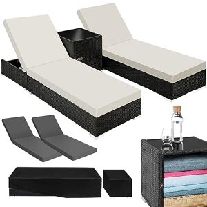 TecTake ® Set de 2X Chaise Longue Bain de Soleil avec Dossier réglable + Table de Jardin en Aluminium et Resine Tressee + 2 Set de Housses + Housse de Protection Piscine Balcon Jardin Noir/Marron - Publicité