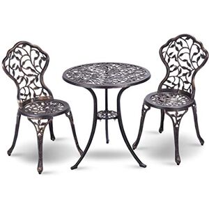 COSTWAY Salon de Jardin 3Pcs en Fonte Aluminium, Ensemble 2 Chaises et 1 Table Ronde Style Rétro avec Motif Feuille pour Balcon, Terasse, Jardin(Brun) - Publicité