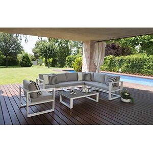 Au jardin de Chloé Salon de Jardin en Aluminium, Belly • 2 banquettes, Un Angle, 1 chauffeuse, Un Fauteuil, Une Table • - Publicité