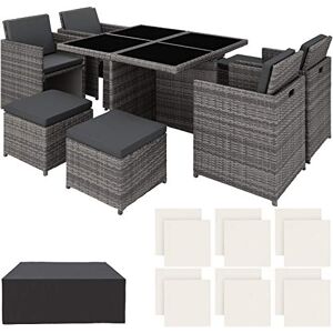 TecTake 800857 Salon de Jardin en Résine Tressée Poly Rotin Cadre en Aluminium 8 Places Table Set Housse de Protection Diverses Couleurs (Gris) - Publicité