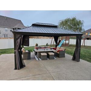 PURPLE LEAF Tonnelle de Jardin Exterieur 4,6 x 4 m Pergola Aluminium avec Moustiquaire et Rideaux Pavillon de Jardin à Double Toit Acier Galvanisé, Gris - Publicité