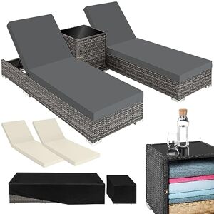 TecTake ® Set de 2X Chaise Longue Bain de Soleil avec Dossier réglable + Table de Jardin en Aluminium et Resine Tressee + 2 Set de Housses + Housse de Protection Piscine Balcon Jardin Gris - Publicité