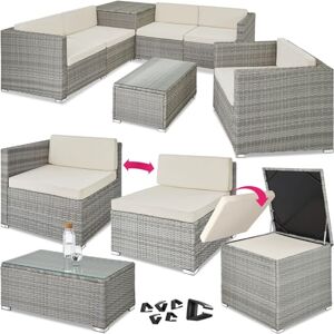 TecTake ® Salon de Jardin Exterieur 5 Places en Resine Tressee Modulable 5 Fauteuil Jardin Coffre de Rangement et Table en Verre Inclus pour Amenagement Balcon Terrasse Gris Clair - Publicité