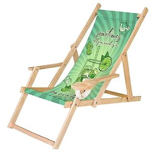 Ferocity Chaise Longue Pliable en Bois avec accoudoirs et Porte-gobelet Noir Motif Sometimes Mojito [119] - Publicité