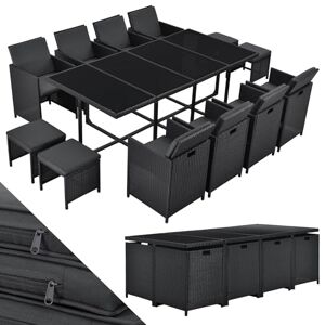 Juskys Groupe de sièges en polyrotin Baracoa XXL 13 pièces résistant aux intempéries et empilable Ensemble de mobilier de Jardin avec 8 chaises, 4 tabourets et Table Noir, 12 Personnes - Publicité