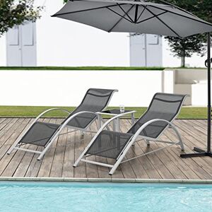 [en.casa] Lot 3 Meubles de Jardin Stylés Bains de Soleil avec Table Transat pour Terrasse Capacité de Charge 150 kg Acier Verre Aluminium Textile Gris Noir - Publicité