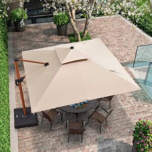 PURPLE LEAF Parasol Déporté Carré 3 x 3 m, Grain de Bois en Aluminium Parasol De Jardin Extérieur Toit à Double Rotatif 360° avec Housse de Protection, Kaki marron - Publicité