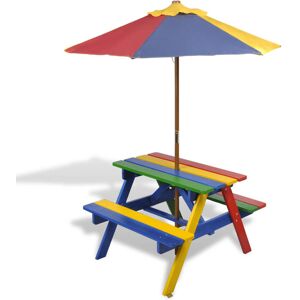 Home Maison Table et bancs avec parasol pour enfants bois multicolore