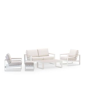 Defora Home Salon de jardin 4 places avec reposepied en aluminium blanc effet bois