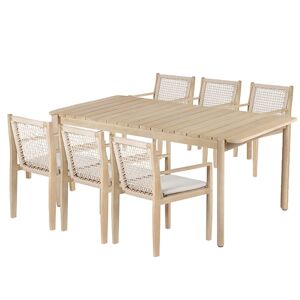 Beau Rivage Ensemble table 210cm et 6 fauteuils en bois d'acacia FSC blanchi