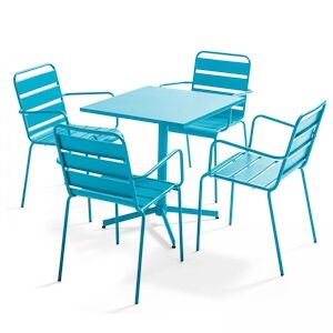 Oviala Business Ensemble table de jardin et 4 fauteuils en métal bleu - Oviala - Publicité