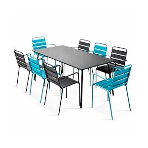 Oviala Business Ensemble table de jardin et 8 fauteuils en métal bleu et gris