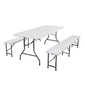 AREBOS Set de Table de Tente a biere 3 pieces Set de Table 2xBanc Set de Table de fete pour l'interieur  l'exterieur Pliable & avec poignee Blanc - Publicité