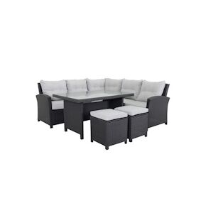 Tarrington House Set de terrasse ABIRA, 5 pièces, rotin PE/acier, 1x table, 1x banquette 3 places, 1x banquette 2 places, 2x ottomans, noir/argent