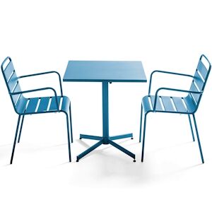 Oviala Business Ensemble table de terrasse carrée et 2 fauteuils métal bleu pacific - Oviala - Publicité