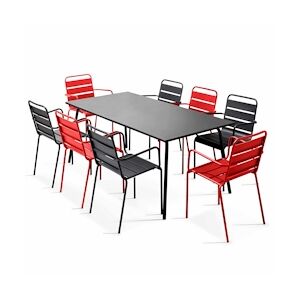 Oviala Business Ensemble table de jardin et 8 fauteuils en métal rouge et gris