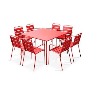Oviala Business Ensemble table de terrasse carrée et 8 fauteuils en métal rouge - Oviala