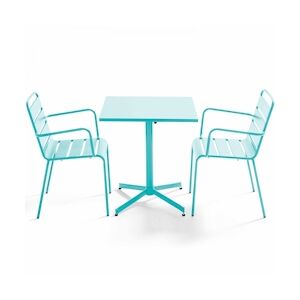 Oviala Business Ensemble table de terrasse carrée et 2 fauteuils métal turquoise - Oviala
