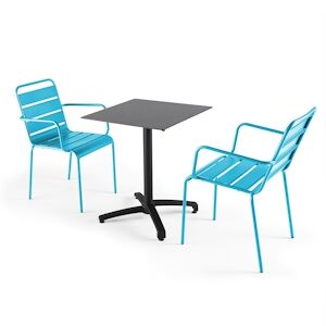 Oviala Business Ensemble table de jardin stratifié ardoise gris et 2 fauteuils bleu - Oviala - Publicité