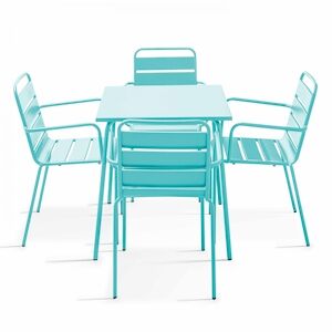 Oviala Business Ensemble table de terrasse carrée et 4 fauteuils acier turquoise - Oviala - Publicité