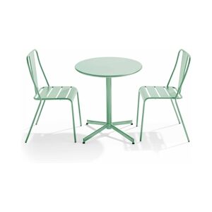 Oviala Business Ensemble table avec 2 chaises de terrasse en métal vert sauge - Oviala