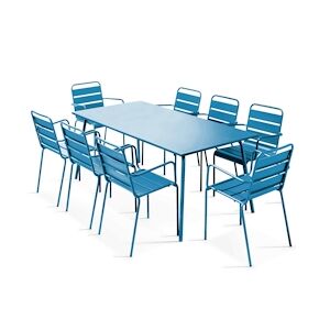 Oviala Business Ensemble table de jardin et 8 fauteuils en métal bleu pacific - Oviala