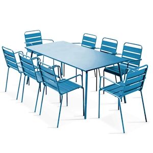 Oviala Business Ensemble table de jardin et 8 fauteuils en métal bleu pacific  - Oviala - Publicité