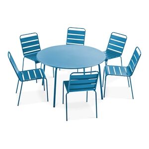 Oviala Business Ensemble table de jardin ronde et 6 chaises en métal bleu pacific - Oviala - Publicité