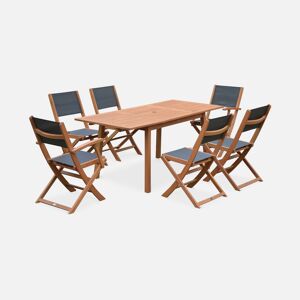 sweeek Salon de jardin en bois extensible - Almeria - Table 120/180cm avec rallonge. 2 fauteuils et 4 chaises. en bois d'Eucalyptus huile et textilene anthracite - Bois