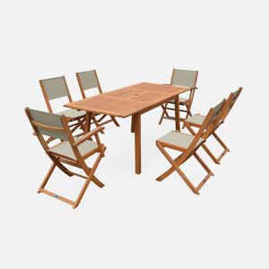 sweeek Salon de jardin en bois extensible - Almeria - Table 120/180cm avec rallonge. 2 fauteuils et 4 chaises. en bois d'Eucalyptus huile et textilene gris taupe - Bois