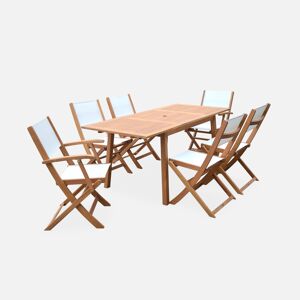 sweeek Salon de jardin en bois extensible - Almeria - Table 120/180cm avec rallonge. 2 fauteuils et 4 chaises. en bois d'Eucalyptus huile et textilene blanc - Bois
