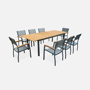 sweeek Salon de jardin en bois Sevilla aluminium extensible table200/250cm avec rallonge. 8 fauteuils. en aluminium. bois d'Eucalyptus huile et textilene gris taupe - Anthracite