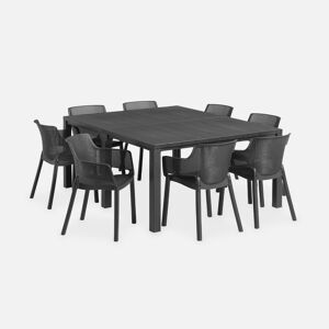 sweeek Table de jardin rectangulaire 3 en 1 en resine de synthese - Julie - Rectangulaire + 8 fauteuils de jardin empilables Elisa - Graphite