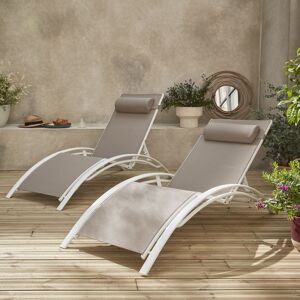 sweeek Duo de bains de soleil aluminium - Louisa Taupe - Transats aluminium et textilene - Blanc