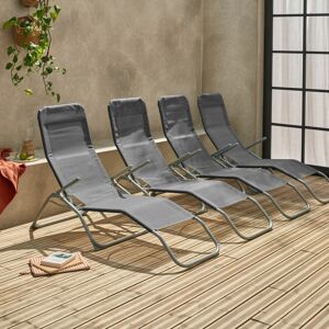 Lot de 4 bains de soleil pliants - Levito Anthracite - Transats textilene 2 positions. chaises longues - Anthracite