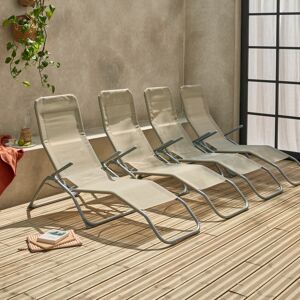 Lot de 4 bains de soleil pliants - Levito Taupe - Transats textilene 2 positions. chaises longues - Taupe