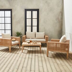 sweeek Salon de jardin Olinda. cannage et bois. 4 place. beige. bois d'acacia brosse blanchi - Bois blanchi